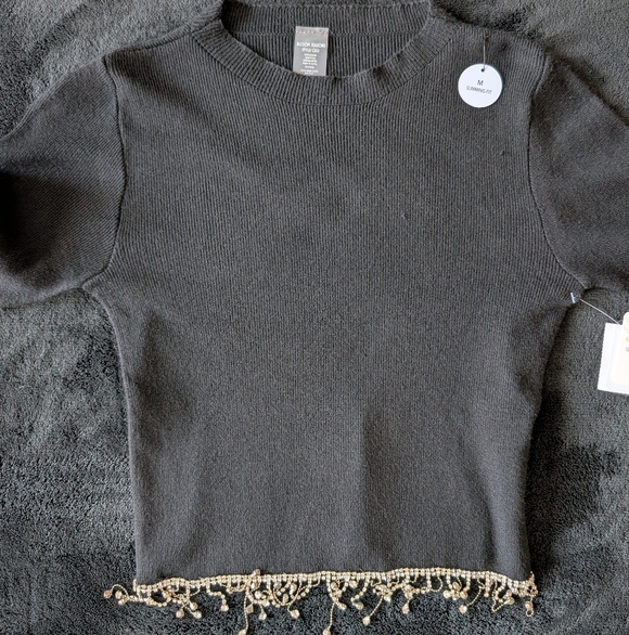 NWT Rhinestone Fringe Cropped Black Sweater Night Out Baddie Going Out Top M - Picture 5 of 11